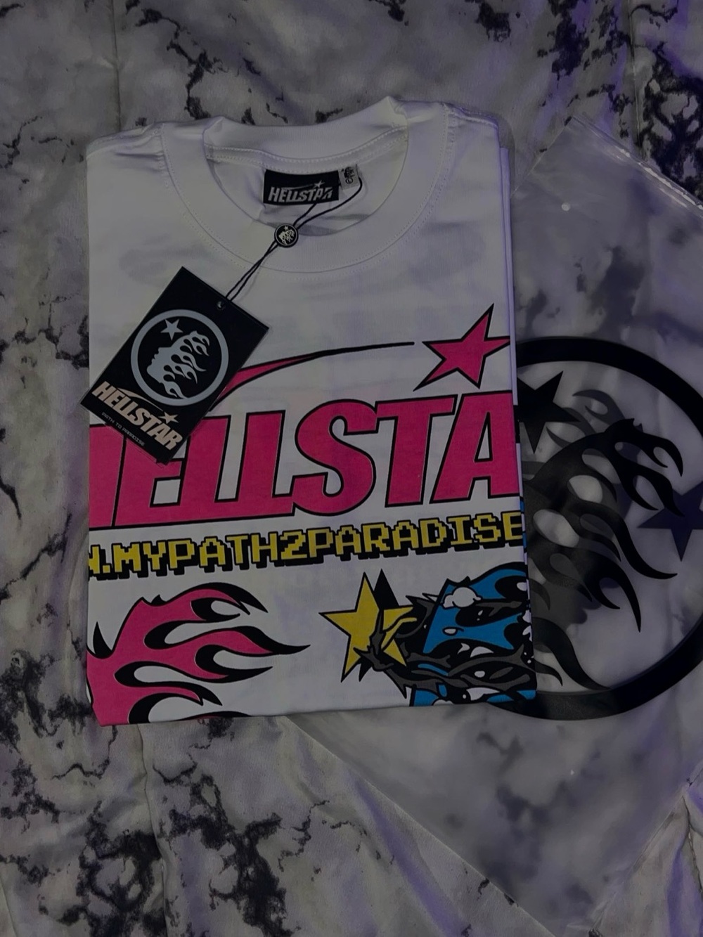 Hellstar ' White Graphic Tee with Pink Logo